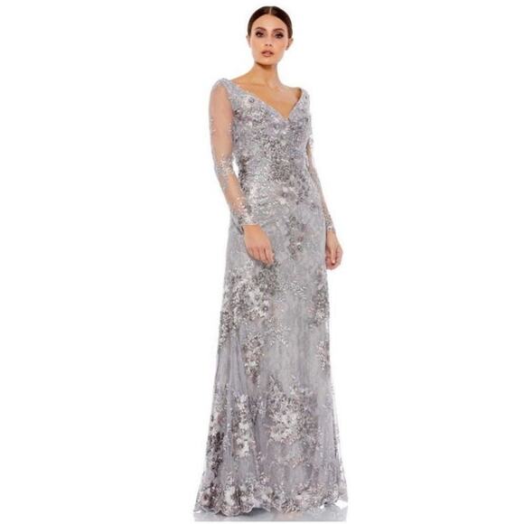NEW Mac Duggal Embellished V Neck Illusion Long Sleeve Gown Size 14 - Picture 2 of 7